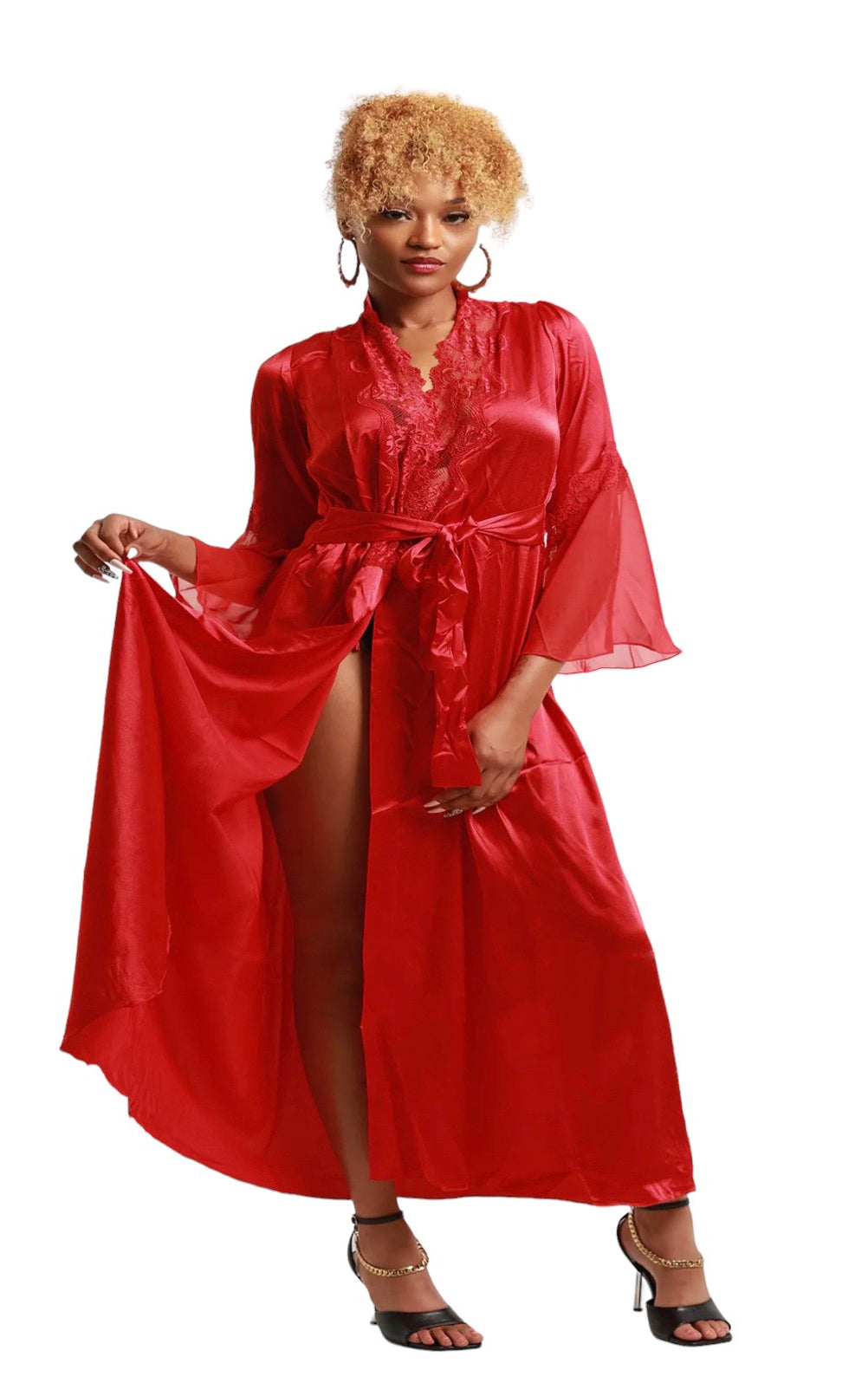 Long Satin Robe with Lace