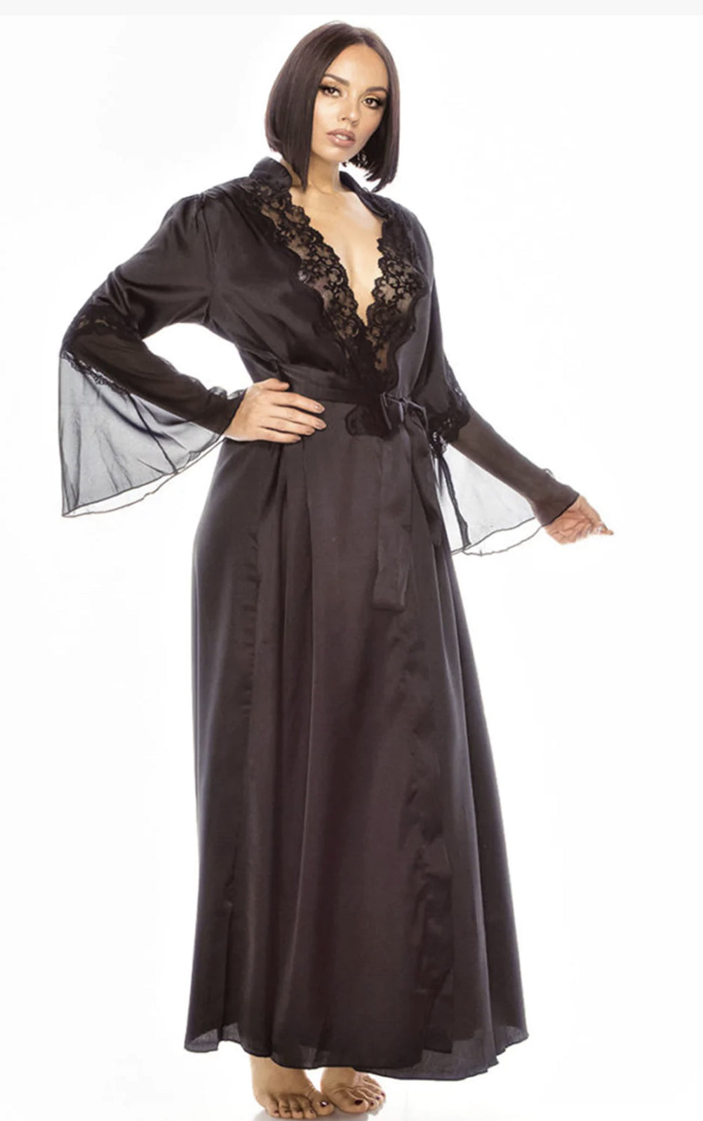 Long Satin Robe with Lace